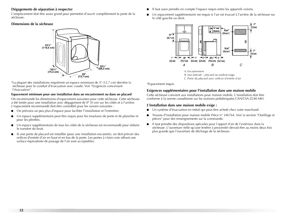 Maytag W10150660A, W10150661A manual Dégagements de séparation à respecter, Dimensions de la sécheuse 