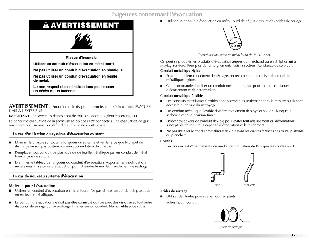 Maytag W10150661A, W10150660A manual Exigences concernant lévacuation, En cas dutilisation du système dévacuation existant 