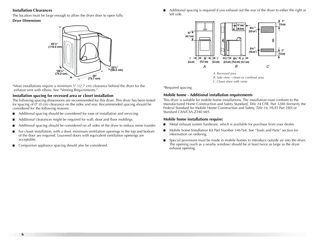 Maytag W10150660A, W10150661A Installation Clearances, Mobile home Additional installation requirements, Dryer Dimensions 