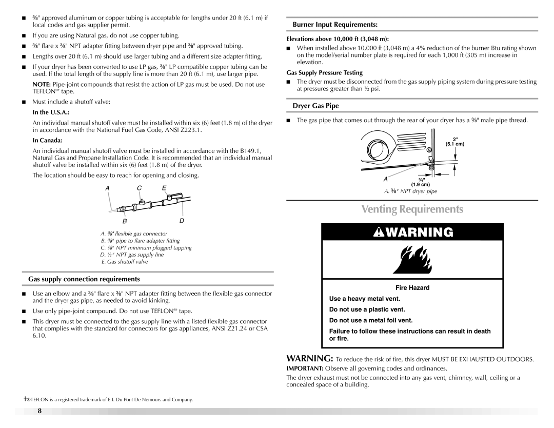 Maytag W10150660A Venting Requirements, Gas supply connection requirements, Burner Input Requirements, Dryer Gas Pipe 