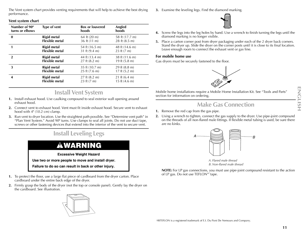 Maytag W10151609A Install Vent System, Install Leveling Legs, Make Gas Connection, Vent system chart, For mobile home use 