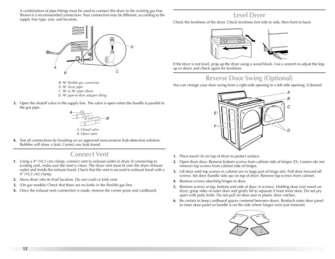 Maytag W10151609A manual Level Dryer, Connect Vent, Reverse Door Swing Optional 