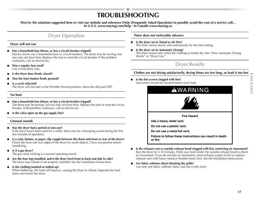 Maytag W10151609A manual Troubleshooting, Dryer Operation, Dryer Results 