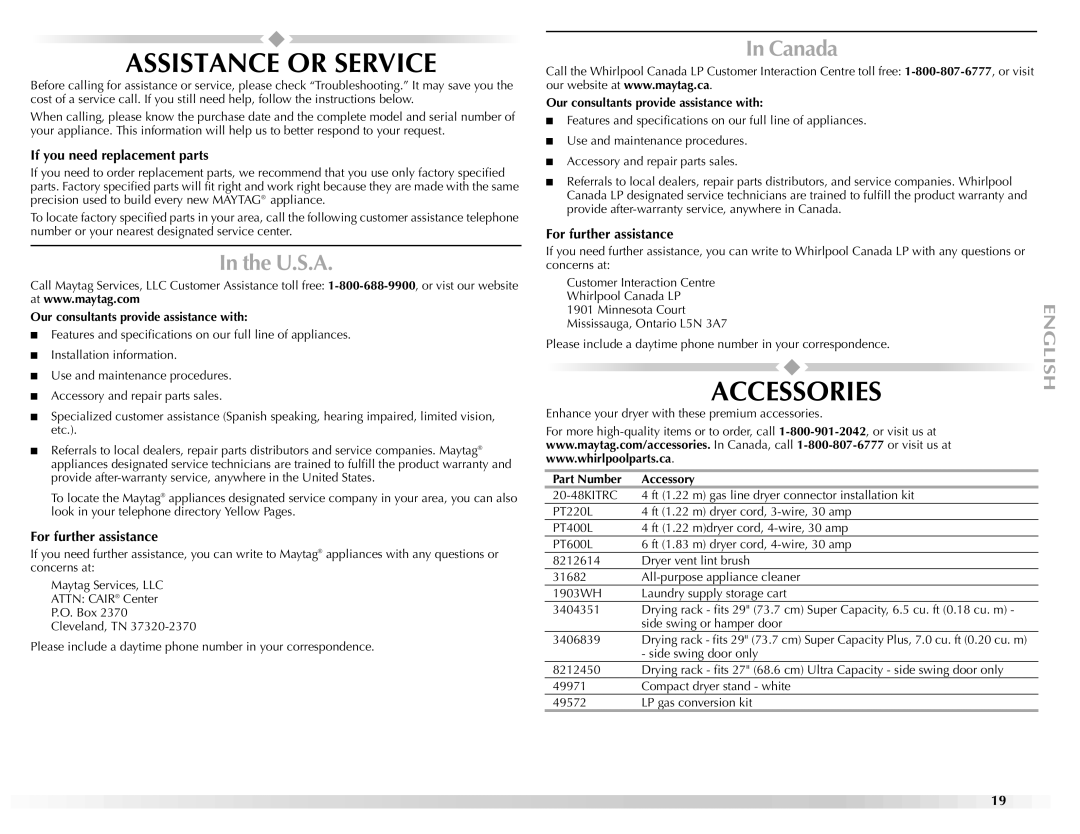 Maytag W10151609A manual Assistance or Service, Accessories, U.S.A, Canada 