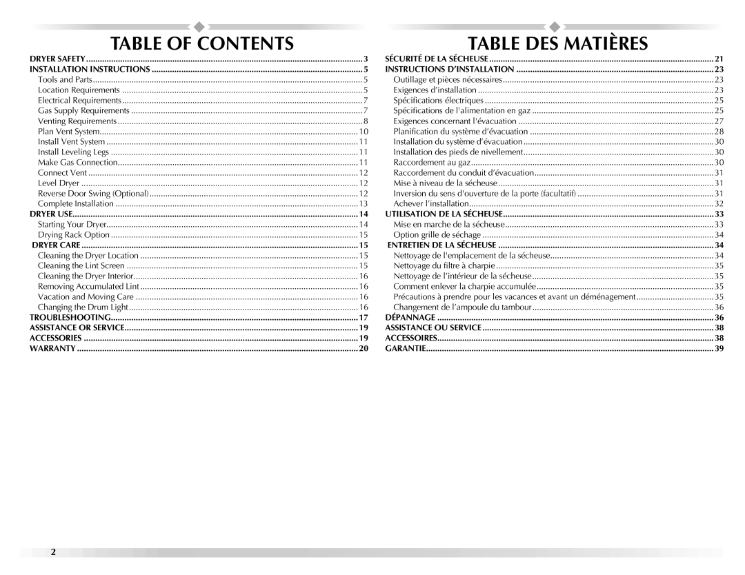 Maytag W10151609A manual Table of Contents, Table DES Matières 