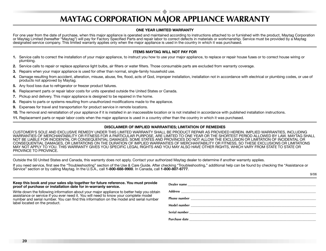 Maytag W10151609A manual Maytag Corporation Major Appliance Warranty, ONE Year Limited Warranty 