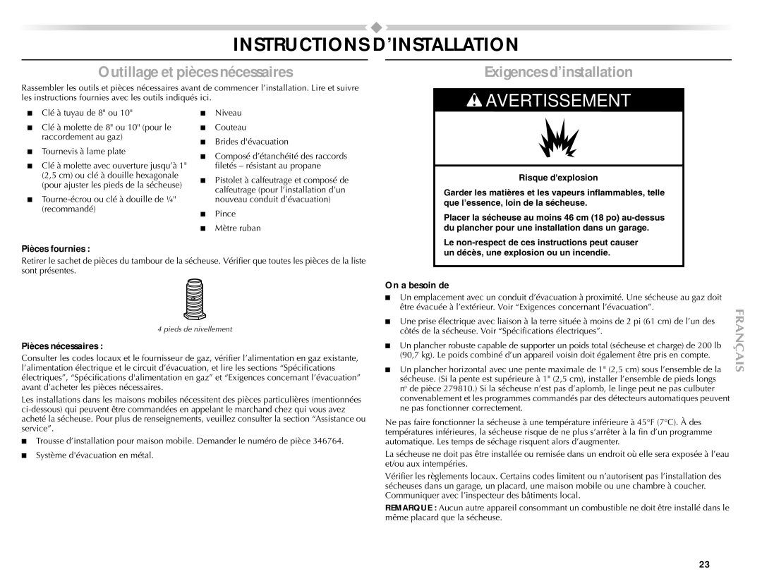 Maytag W10151609A manual Instructions D’INSTALLATION, Outillage et pièces nécessaires, Exigences d’installation 