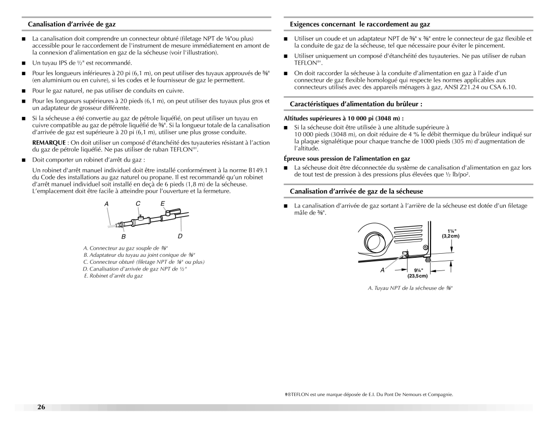 Maytag W10151609A manual Caractéristiques d’alimentation du brûleur, Canalisation d’arrivée de gaz de la sécheuse 