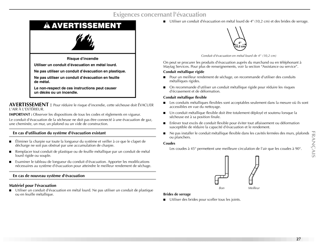 Maytag W10151609A manual Exigences concernant lévacuation, En cas dutilisation du système dévacuation existant 