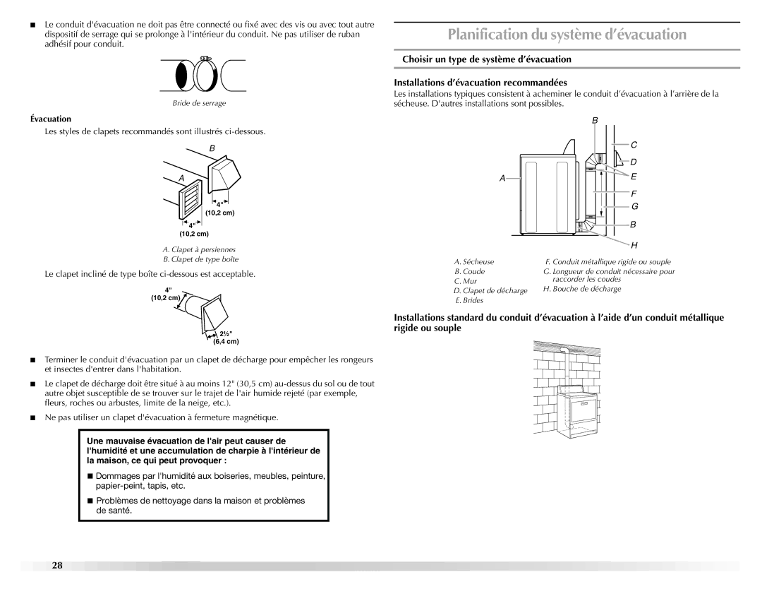 Maytag W10151609A manual Planification du système d’évacuation, Évacuation 