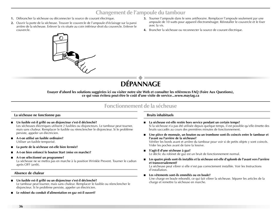 Maytag W10151609A manual Dépannage, Changement de l’ampoule du tambour, Fonctionnement de la sécheuse 