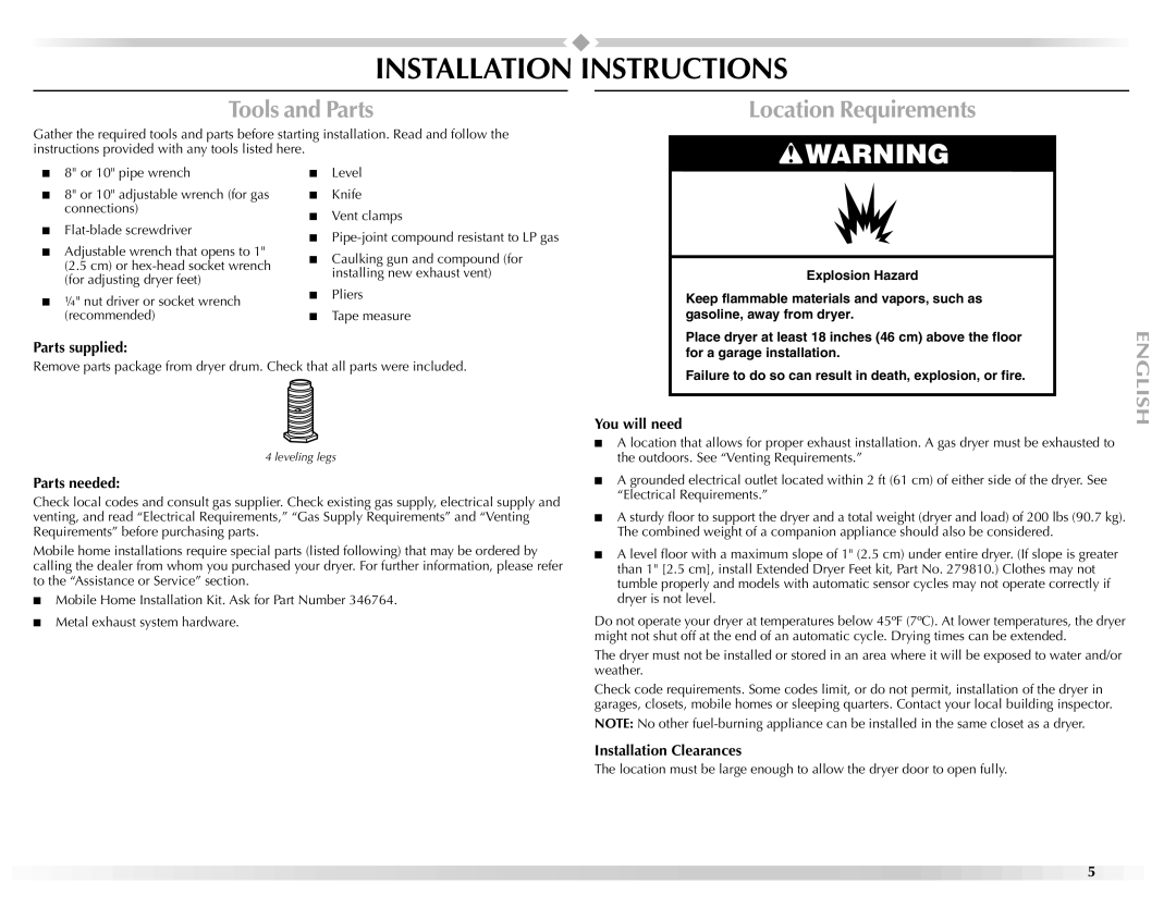 Maytag W10151609A manual Installation Instructions, Tools and Parts, Location Requirements 