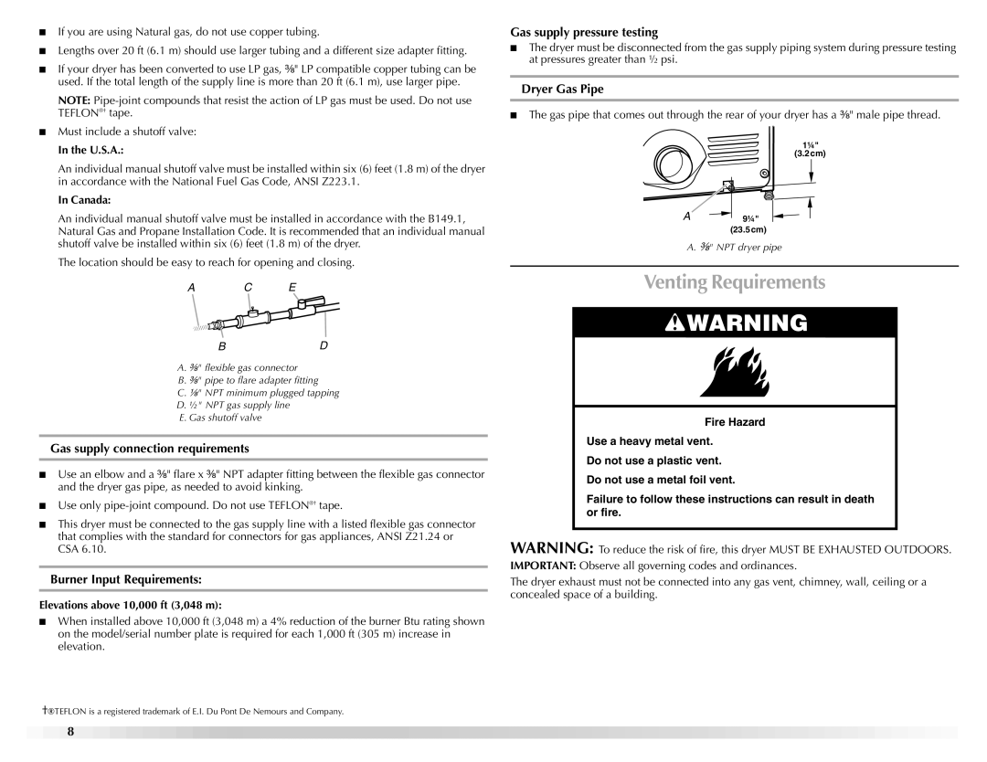 Maytag W10151609A Venting Requirements, Gas supply connection requirements, Burner Input Requirements, Dryer Gas Pipe 