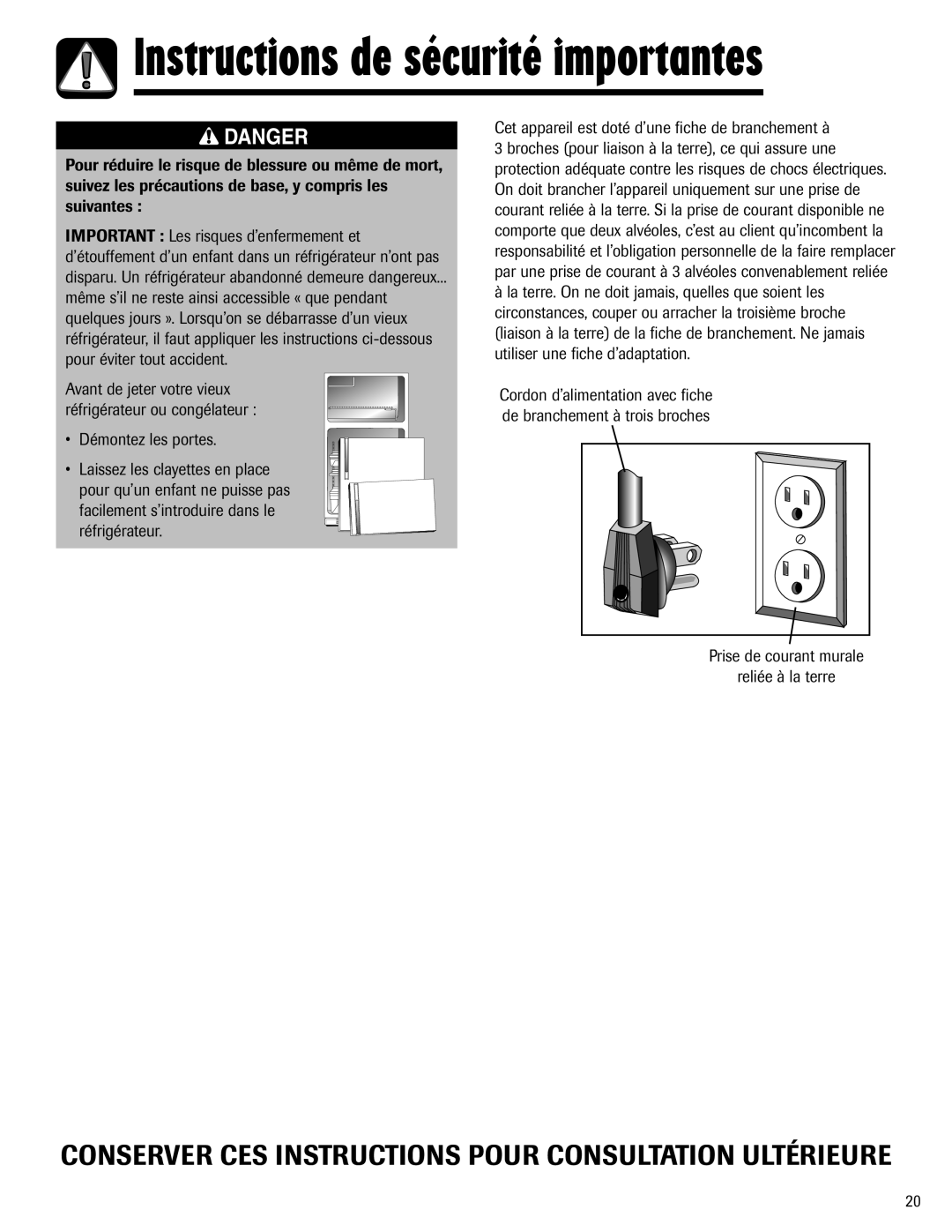 Maytag W10153840A important safety instructions Démontez les portes, Cet appareil est doté d’une fiche de branchement à 