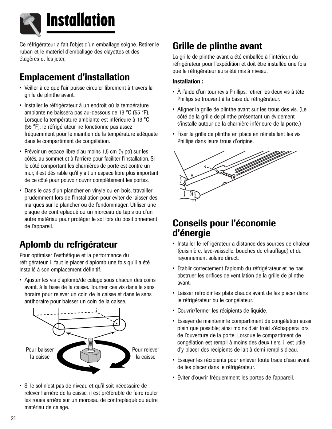 Maytag W10153840A Emplacement d’installation, Aplomb du refrigérateur, Grille de plinthe avant, Installation 