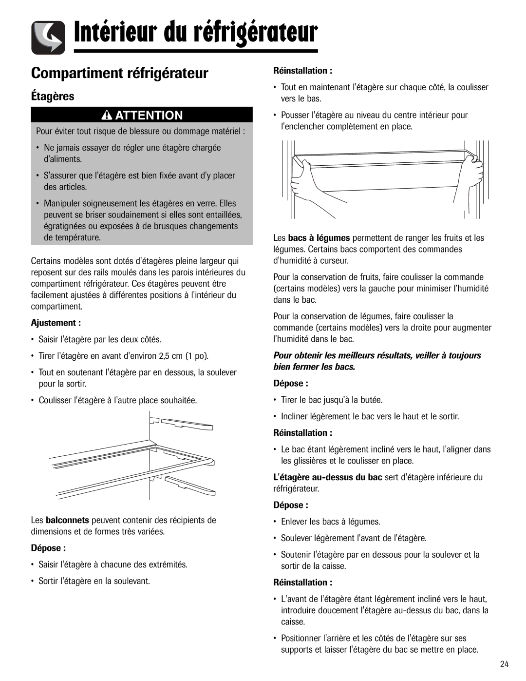 Maytag W10153840A important safety instructions Intérieur du réfrigérateur, Compartiment réfrigérateur, Étagères 