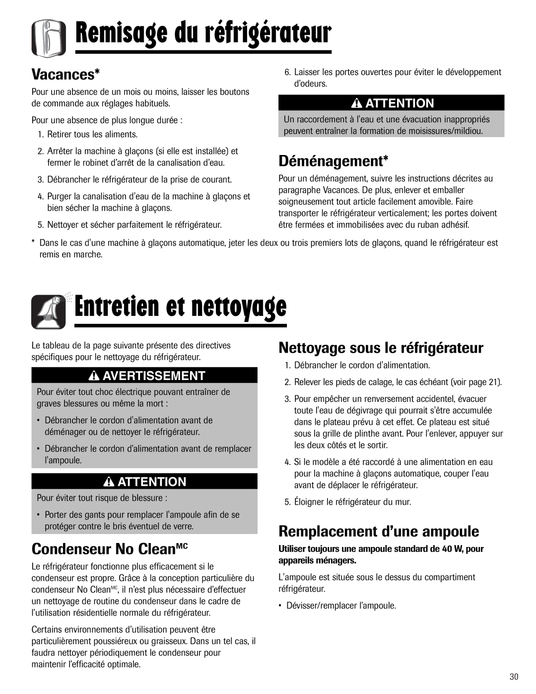 Maytag W10153840A important safety instructions Remisage du réfrigérateur, Entretien et nettoyage 