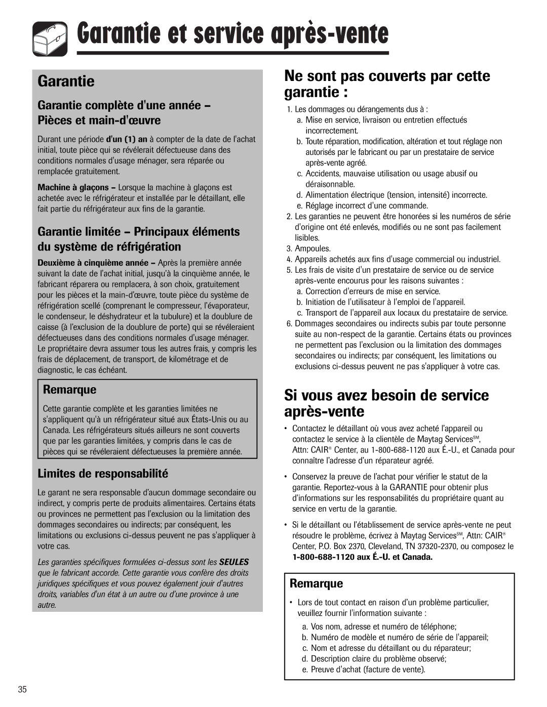 Maytag W10153840A important safety instructions Garantie et service après-vente, Ne sont pas couverts par cette garantie 