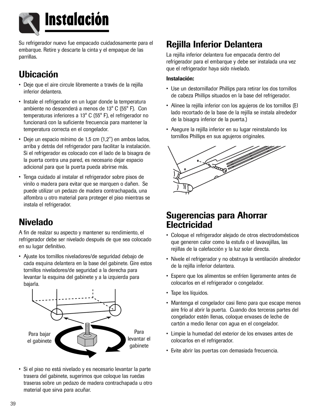 Maytag W10153840A Instalación, Ubicación, Nivelado, Rejilla Inferior Delantera, Sugerencias para Ahorrar Electricidad 