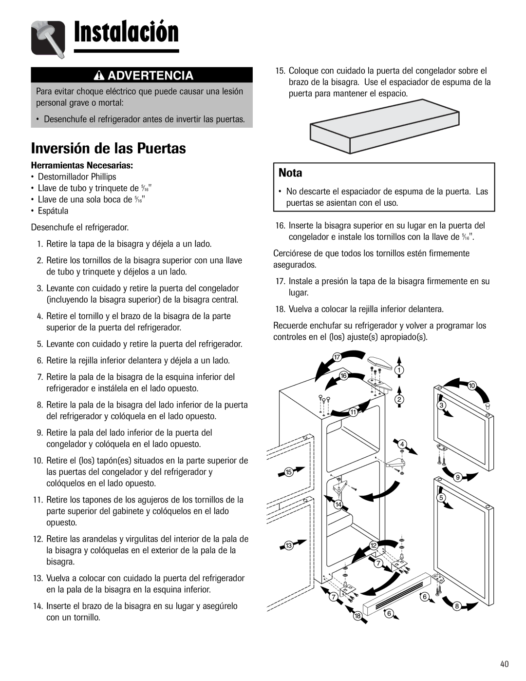 Maytag W10153840A important safety instructions Inversión de las Puertas, Nota 