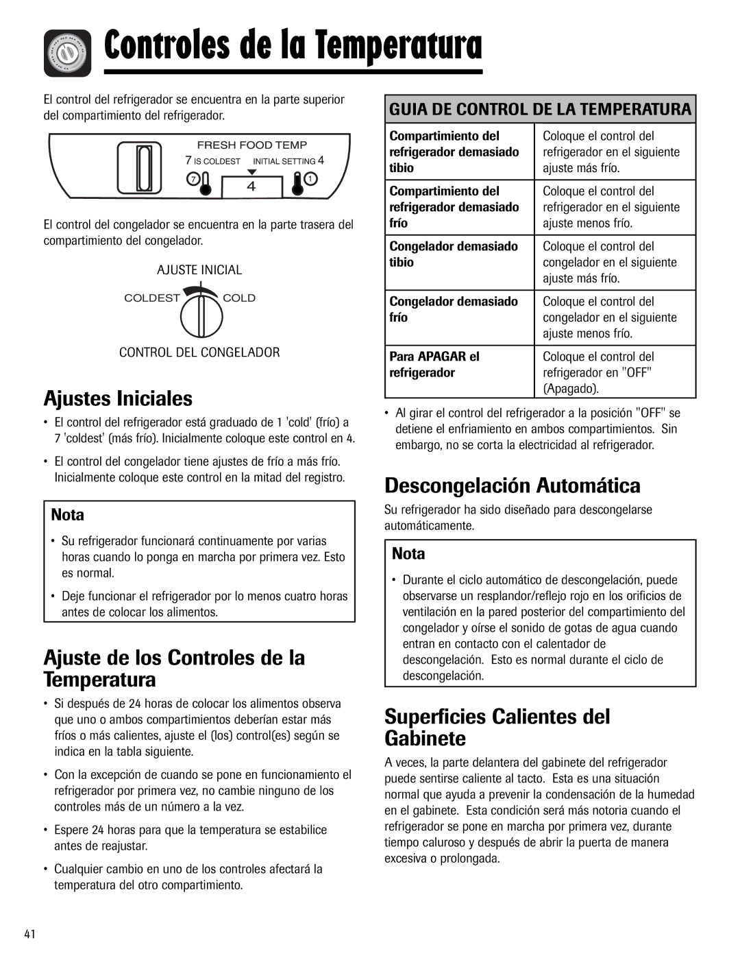 Maytag W10153840A Ajustes Iniciales, Ajuste de los Controles de la Temperatura, Descongelación Automática 