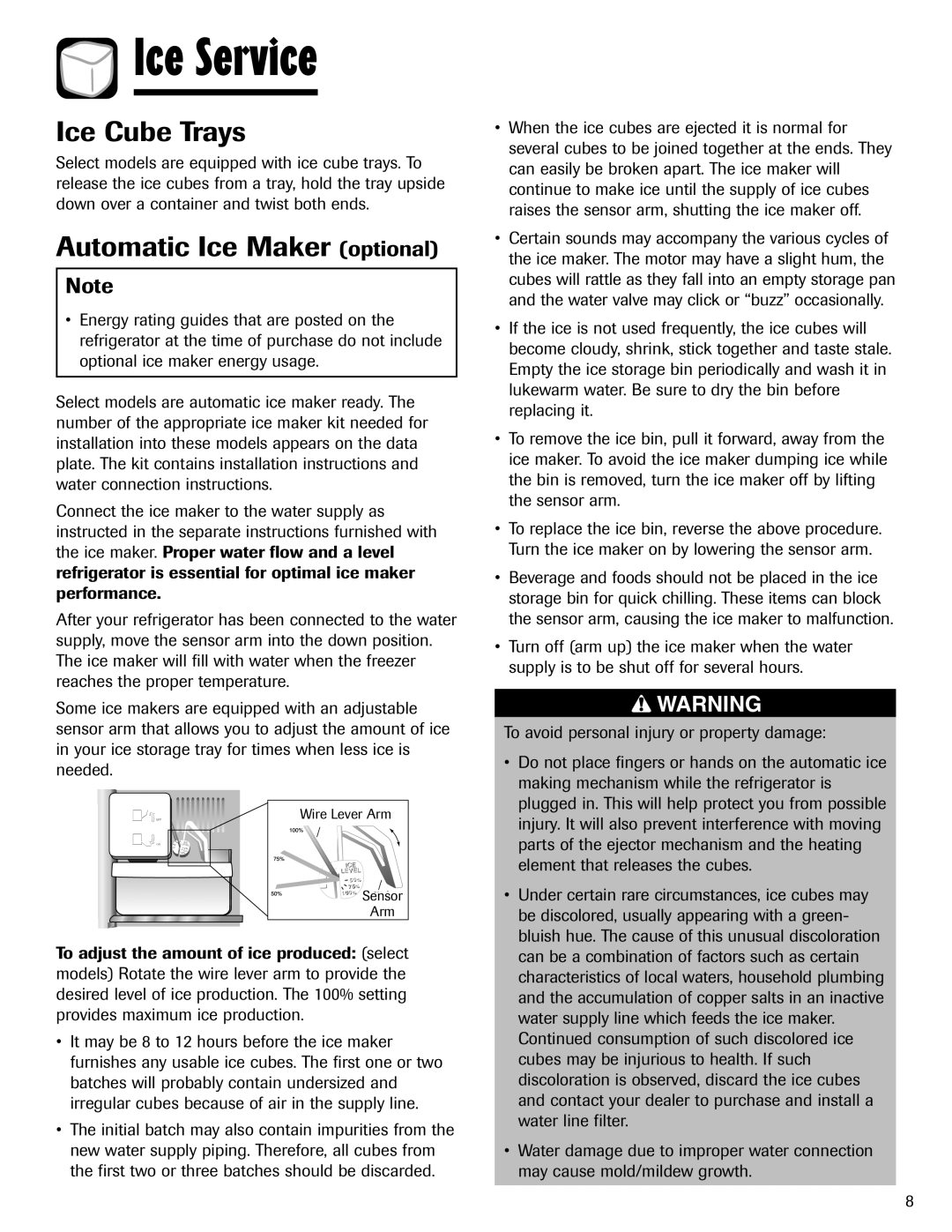 Maytag W10153840A important safety instructions Ice Service, Ice Cube Trays, Automatic Ice Maker optional 