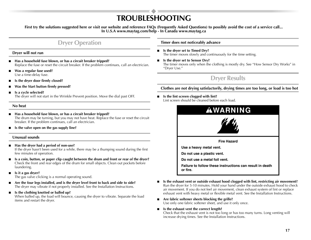 Maytag W10155111A, W10155112A manual Troubleshooting, Dryer Operation, Dryer Results 