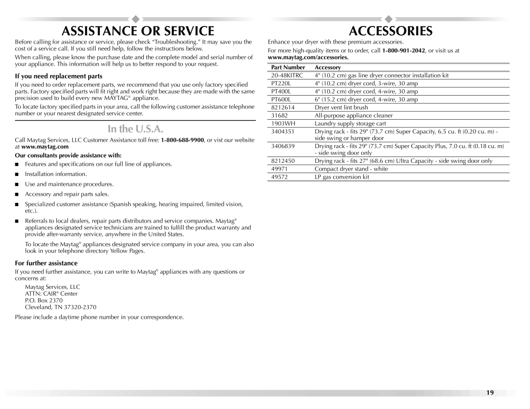 Maytag W10155111A manual Assistance or Service, Accessories, U.S.A, If you need replacement parts, For further assistance 