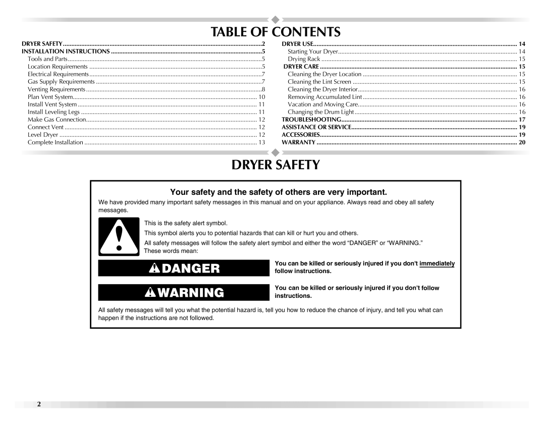 Maytag W10155112A, W10155111A manual Table of Contents, Dryer Safety 