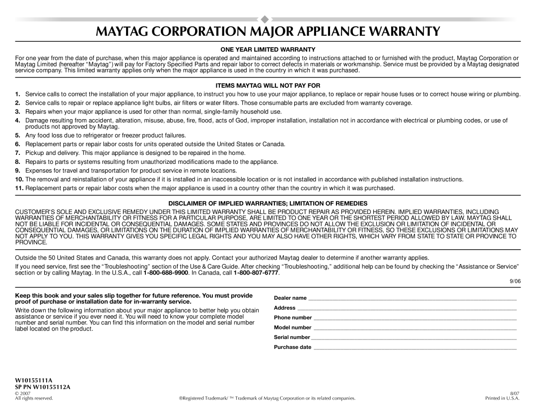 Maytag manual Maytag Corporation Major Appliance Warranty, W10155111A SP PN W10155112A 