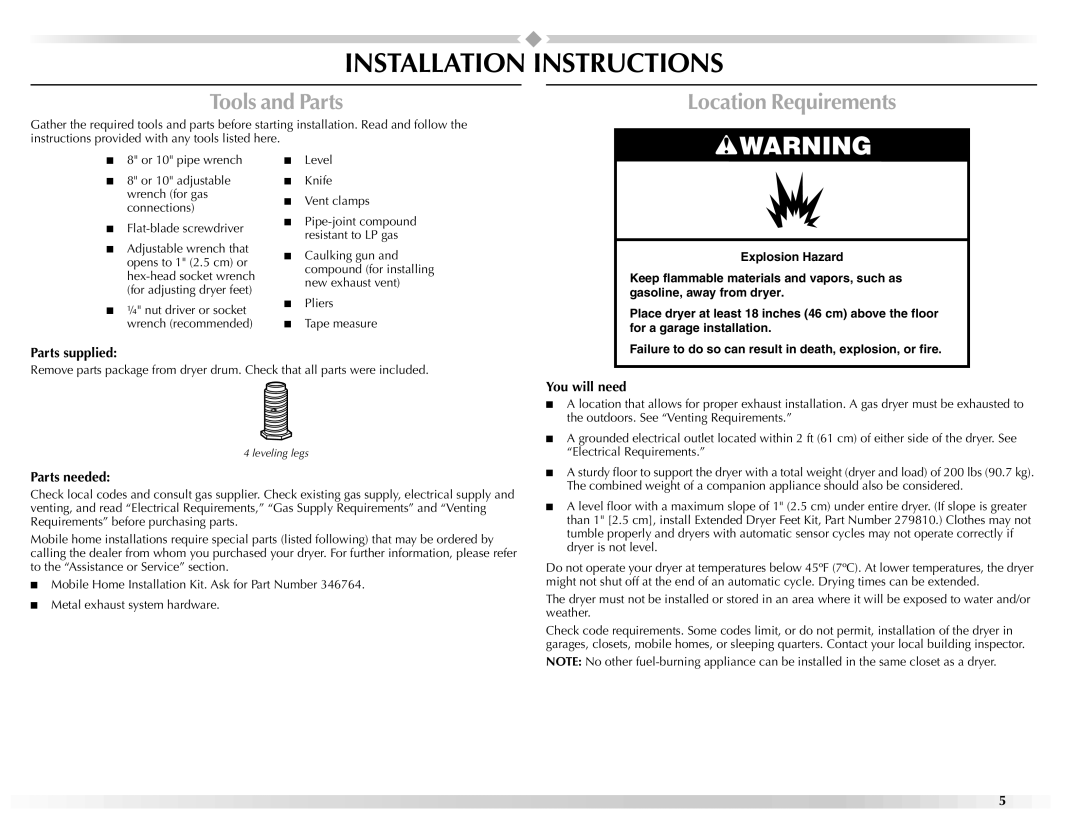 Maytag W10155111A, W10155112A manual Installation Instructions, Tools and Parts, Location Requirements 