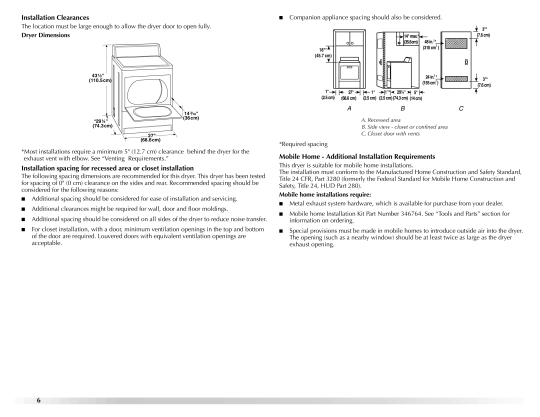 Maytag W10155112A, W10155111A Installation Clearances, Mobile Home Additional Installation Requirements, Dryer Dimensions 