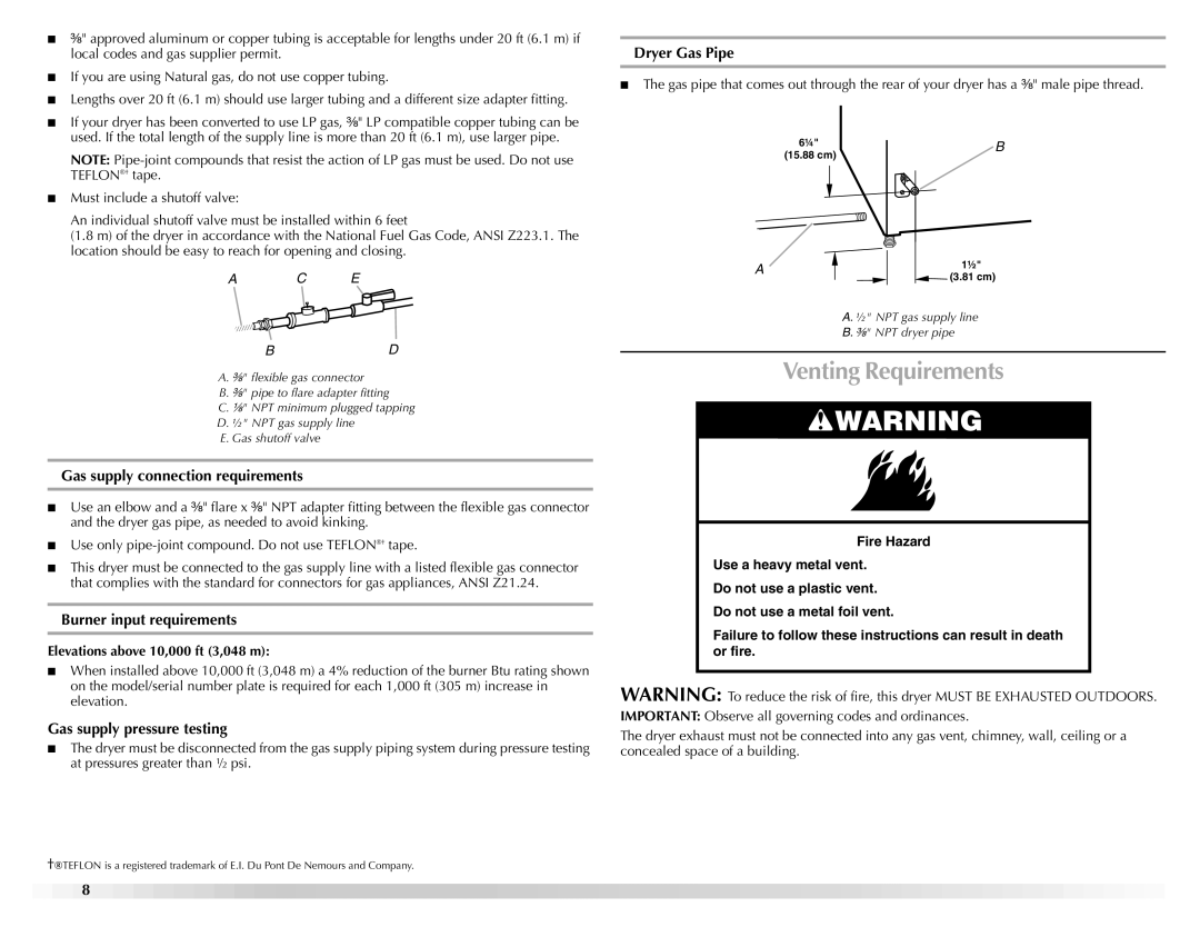 Maytag W10155112A Venting Requirements, Gas supply connection requirements, Burner input requirements, Dryer Gas Pipe 