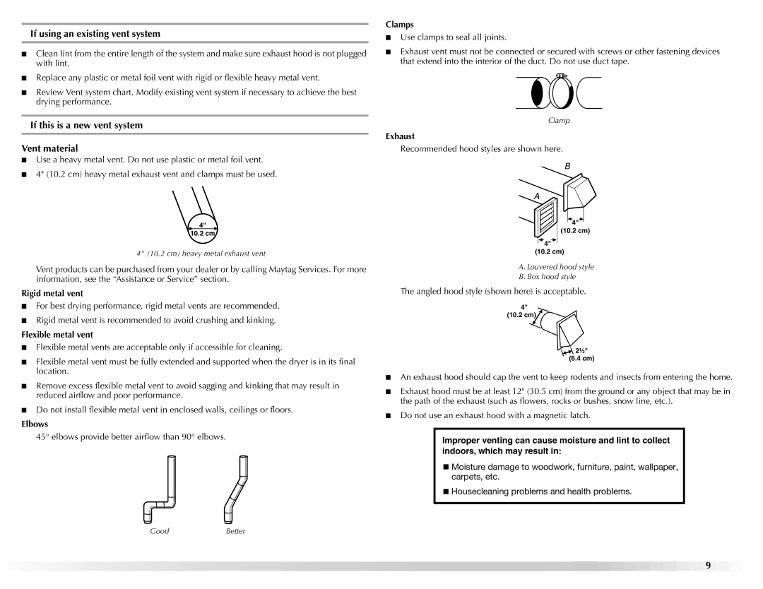 Maytag W10155111A, W10155112A manual If using an existing vent system, If this is a new vent system Vent material 