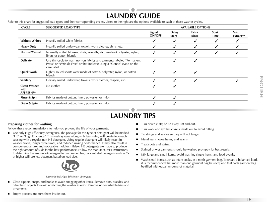 Maytag W10157503D manual Laundry Guide, Laundry Tips, Preparing clothes for washing, Cycle Suggested Load Type, On/Off 