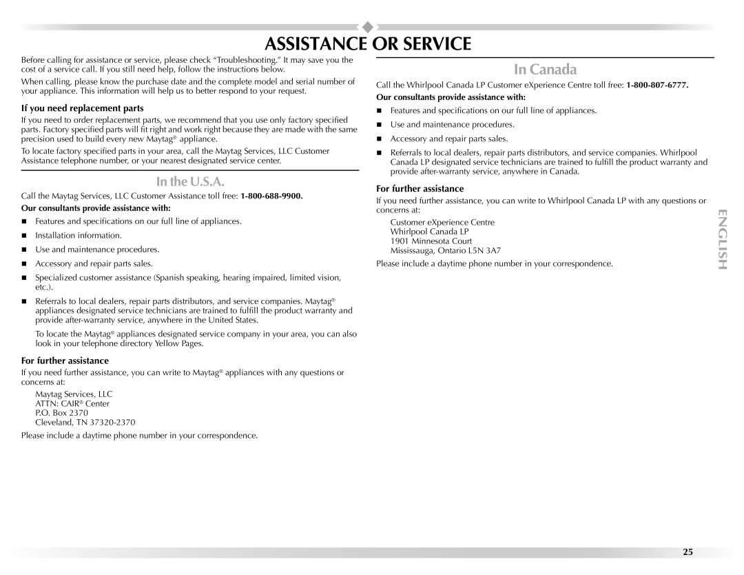 Maytag W10157503D manual Assistance or Service, Canada, If you need replacement parts, For further assistance 