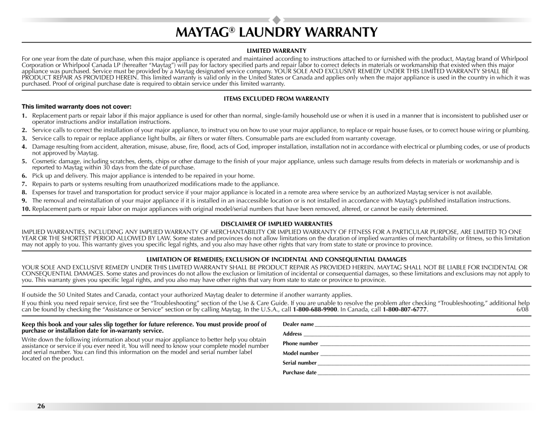 Maytag W10157503D manual Maytag Laundry Warranty, Limited Warranty, Items Excluded from Warranty 