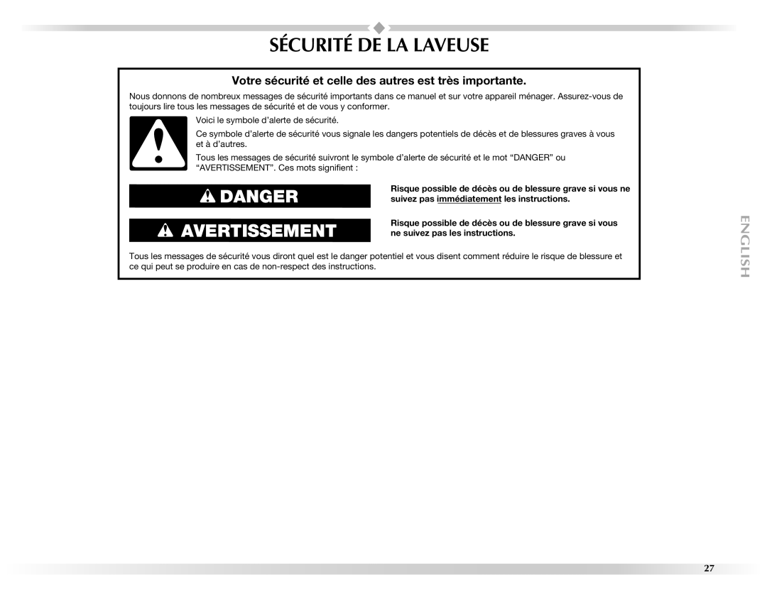 Maytag W10157503D manual Sécurité DE LA Laveuse, Votre sécurité et celle des autres est très importante 