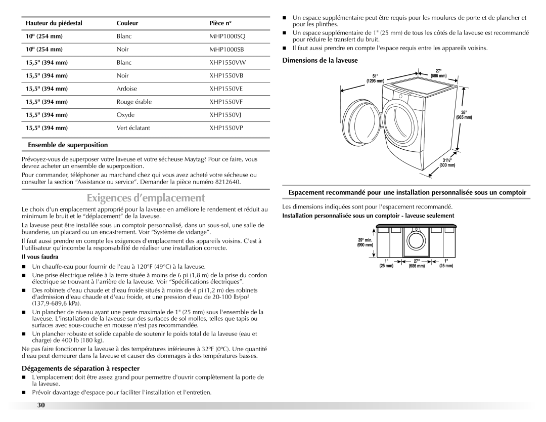 Maytag W10157503D manual Exigences d’emplacement, Ensemble de superposition, Dimensions de la laveuse 