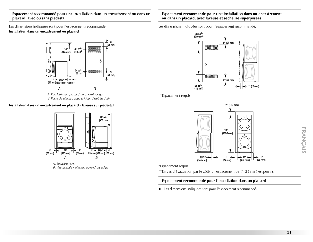 Maytag W10157503D manual Espacement recommandé pour linstallation dans un placard, Espacement requis 