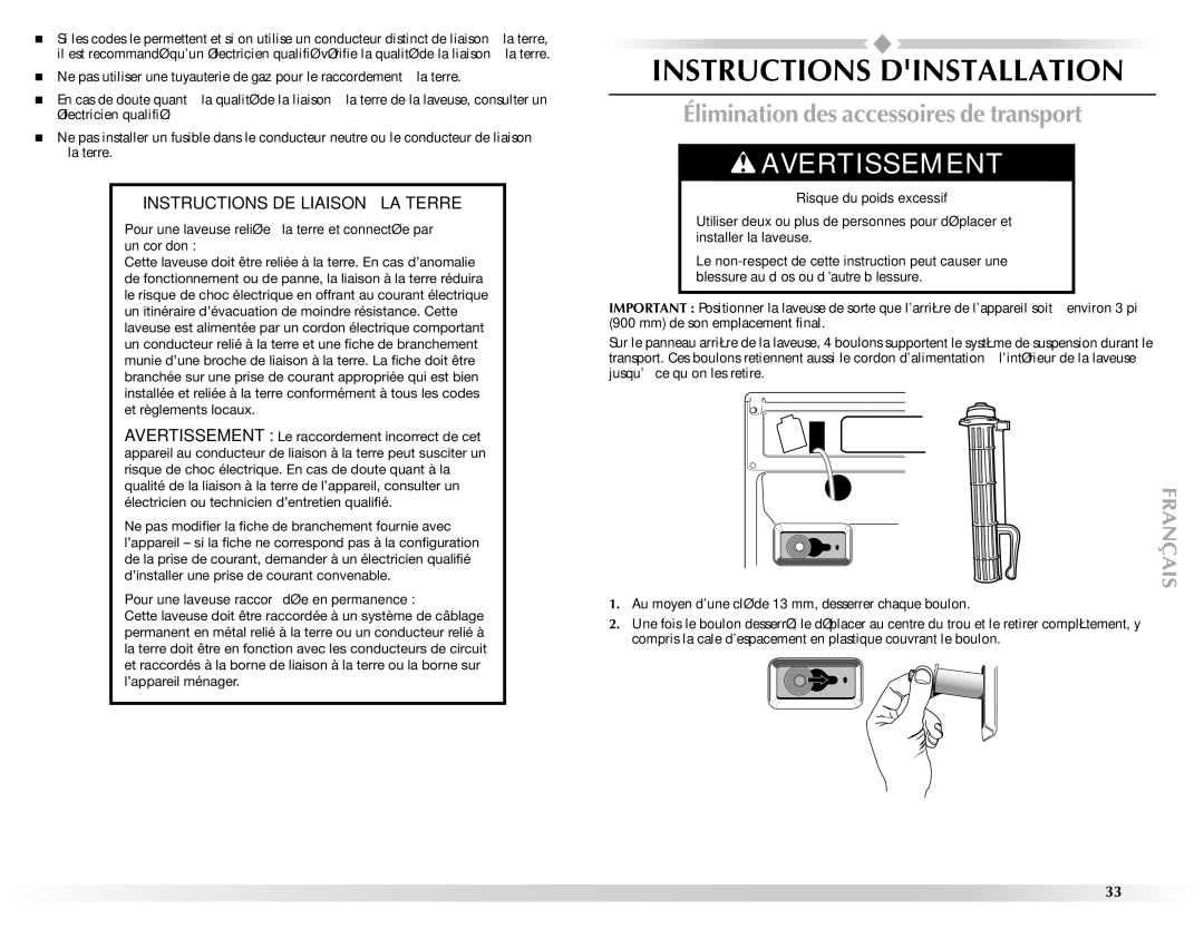 Maytag W10157503D manual Instructions Dinstallation, Élimination des accessoires de transport 