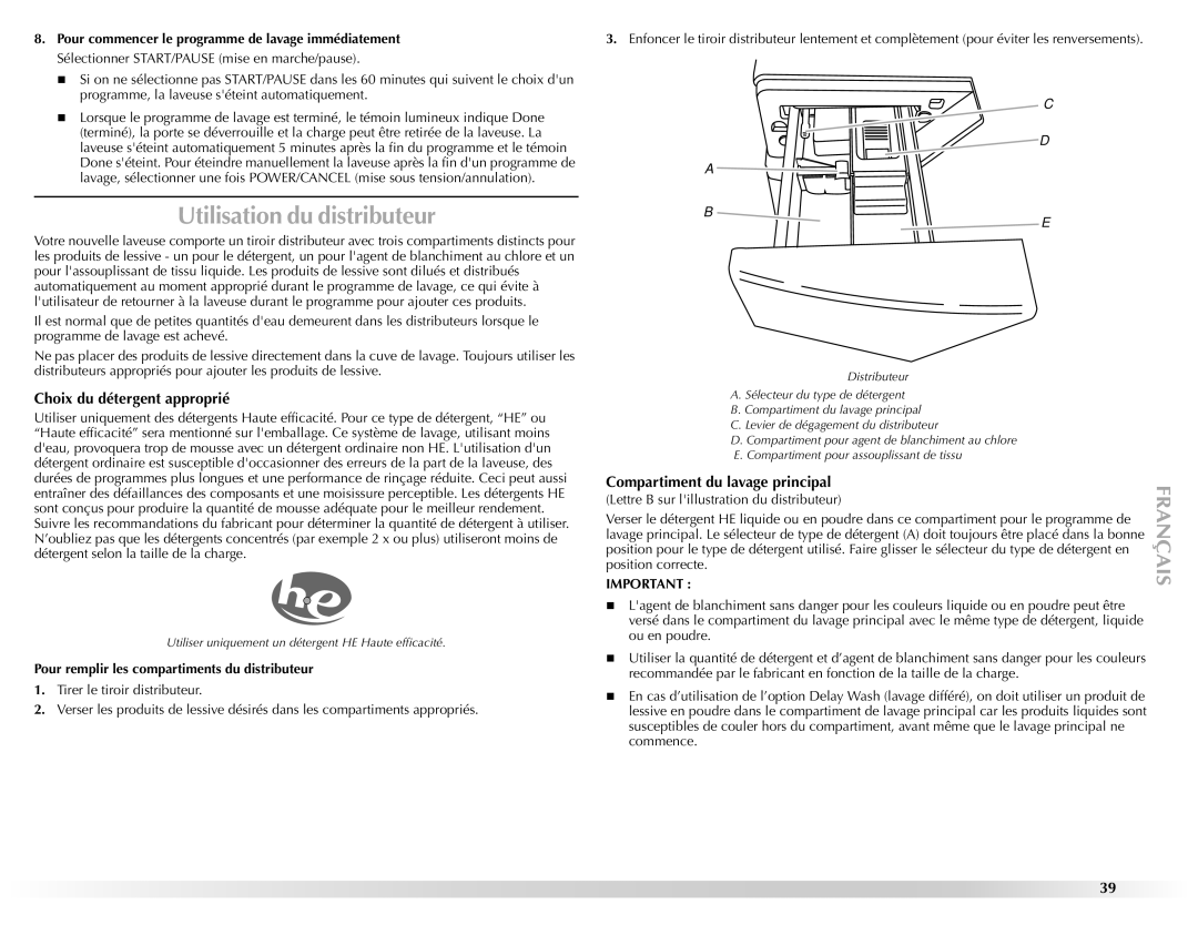 Maytag W10157503D manual Utilisation du distributeur, Choix du détergent approprié, Compartiment du lavage principal 