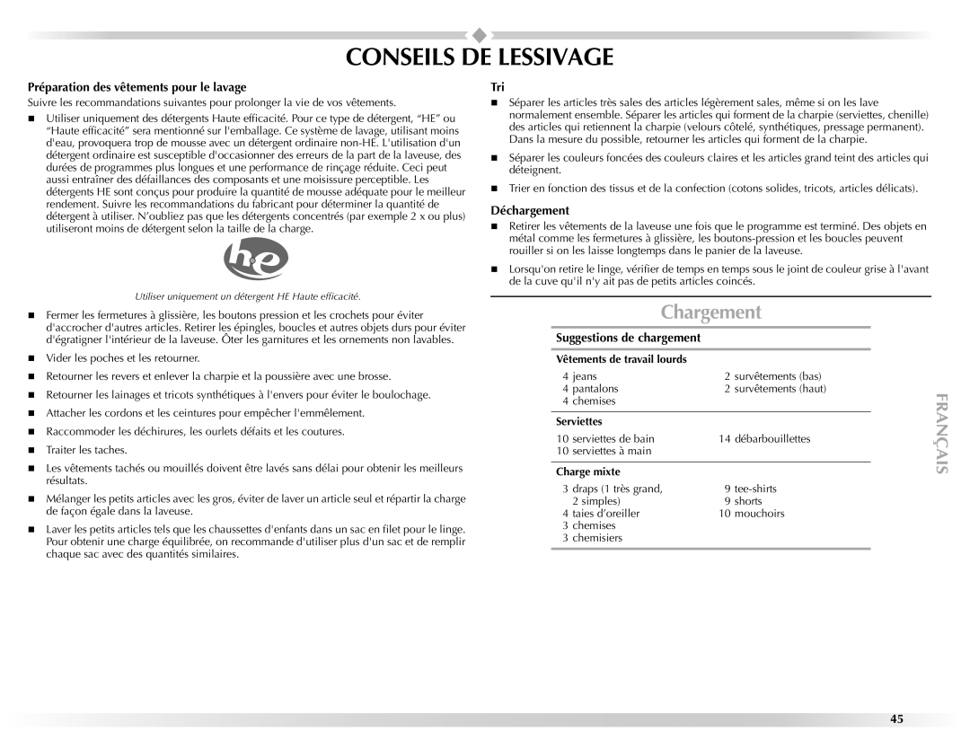 Maytag W10157503D manual Conseils DE Lessivage, Chargement 