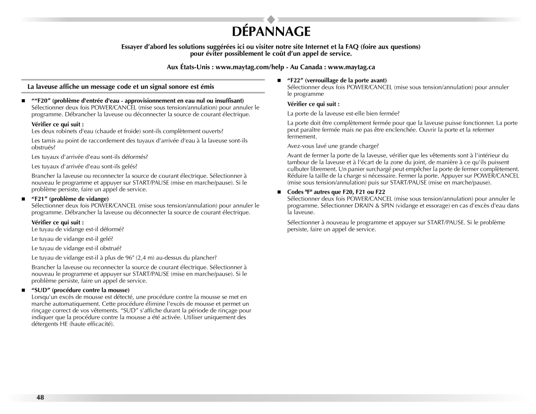 Maytag W10157503D manual Dépannage 