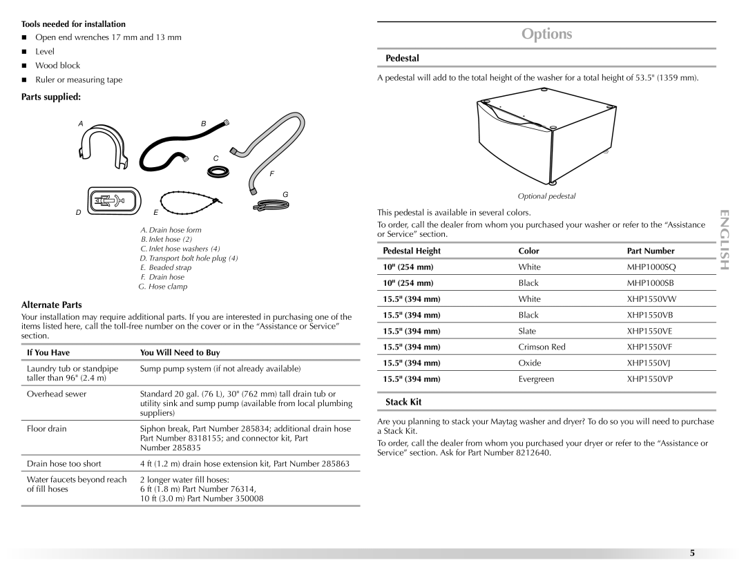 Maytag W10157503D manual Options, Parts supplied, Pedestal, Alternate Parts, Stack Kit 