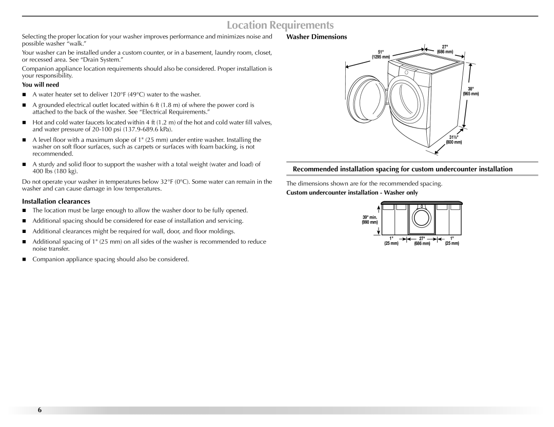 Maytag W10157503D manual Location Requirements, Washer Dimensions, Installation clearances, You will need 