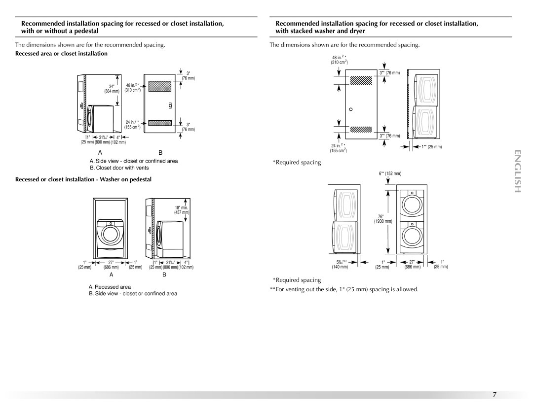 Maytag W10157503D manual Recessed area or closet installation, Recessed or closet installation Washer on pedestal 