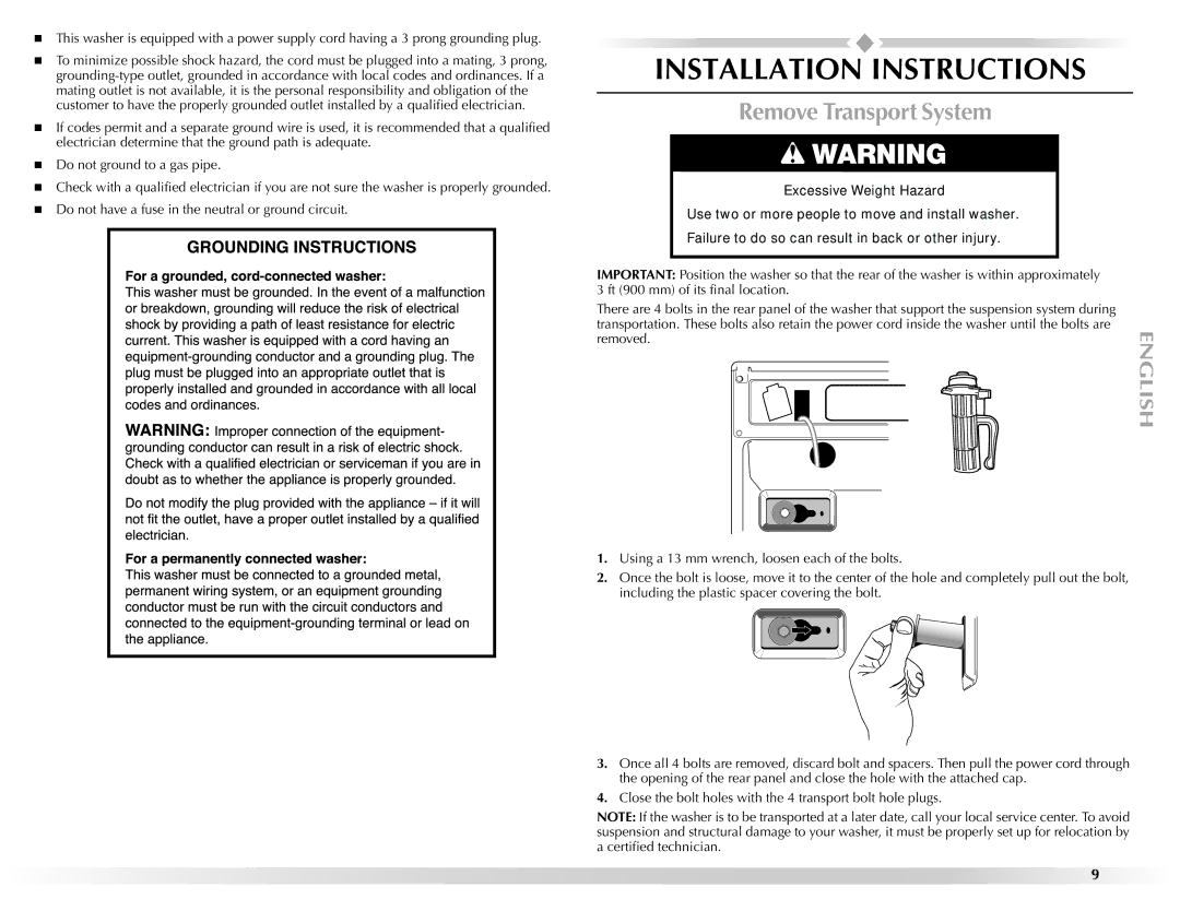 Maytag W10157503D manual Installation Instructions, Remove Transport System 