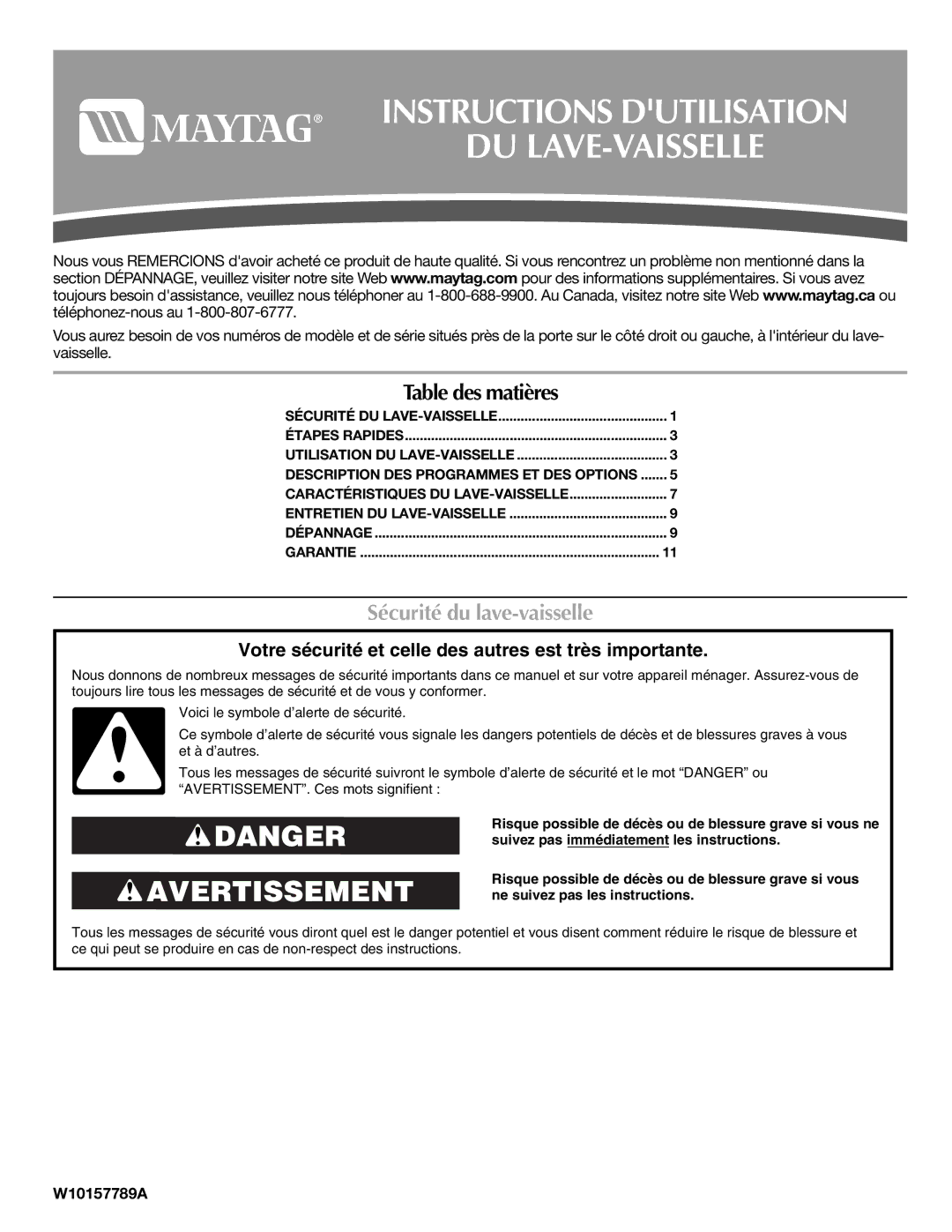 Maytag W10157789A warranty Instructions Dutilisation DU LAVE-VAISSELLE, Sécurité du lave-vaisselle 