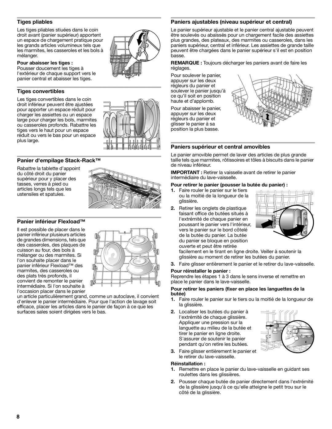 Maytag W10157789A warranty Tiges pliables, Tiges convertibles, Panier dempilage Stack-Rack, Panier inférieur Flexload 